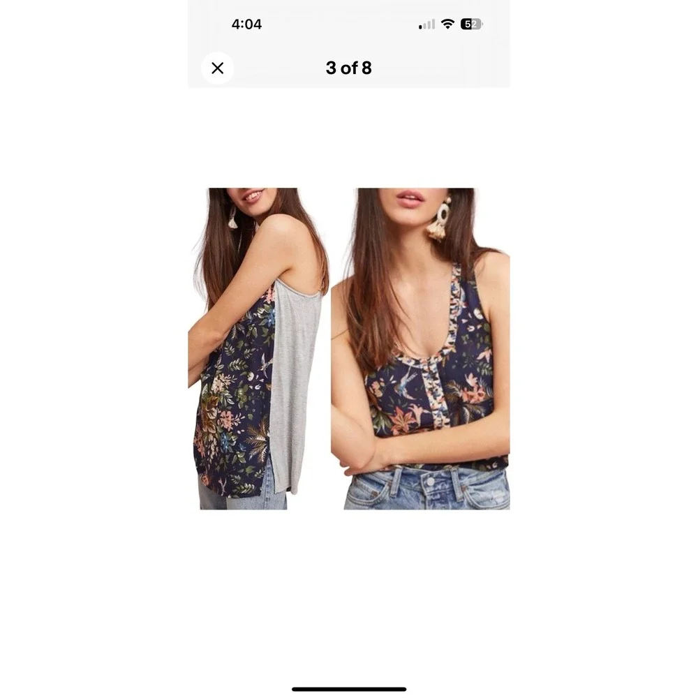 Tiny Anthropologie Zuma Navy Blue Gray Bird Floral Print Tank Top Blouse Size XS